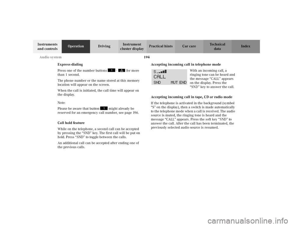 MERCEDES-BENZ C230 KOMPRESSOR COUPE 2002 CL203 User Guide 194 Audio system
Te ch n i c a l
data Instruments 
and controlsOperationDrivingInstrument 
cluster displayPractical hints Car care Index
Express-dialing
Press one of the number buttons   -   for more 