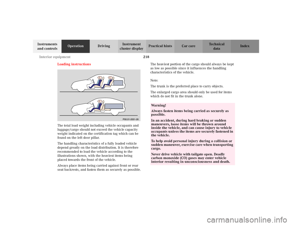 MERCEDES-BENZ C230 KOMPRESSOR COUPE 2002 CL203 Owners Manual 218 Interior equipment
Te ch n i c a l
data Instruments 
and controlsOperationDrivingInstrument 
cluster displayPractical hints Car care Index
Loading instructions
The total load weight including vehi
