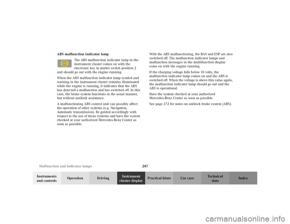 MERCEDES-BENZ C230 KOMPRESSOR COUPE 2002 CL203 Owners Guide 287 Malfunction and indicator lamps
Te ch n i c a l
data Instruments 
and controlsOperation DrivingInstrument 
cluster displayPractical hints Car care Index ABS malfunction indicator lamp
The ABS malf