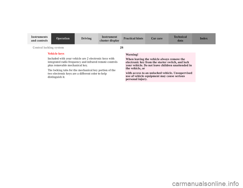 MERCEDES-BENZ C230 KOMPRESSOR COUPE 2002 CL203 Owners Guide 28 Central locking system
Te ch n i c a l
data Instruments 
and controlsOperationDrivingInstrument 
cluster displayPractical hints Car care Index
Ve h i c l e  k e y s
Included with your vehicle are 2