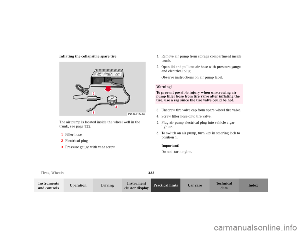 MERCEDES-BENZ C230 KOMPRESSOR COUPE 2002 CL203 Owners Manual 333 Tires, Wheels
Te ch n i c a l
data Instruments 
and controlsOperation DrivingInstrument 
cluster displayPractical hintsCar care Index Inflating the collapsible spare tire 
The air pump is located 