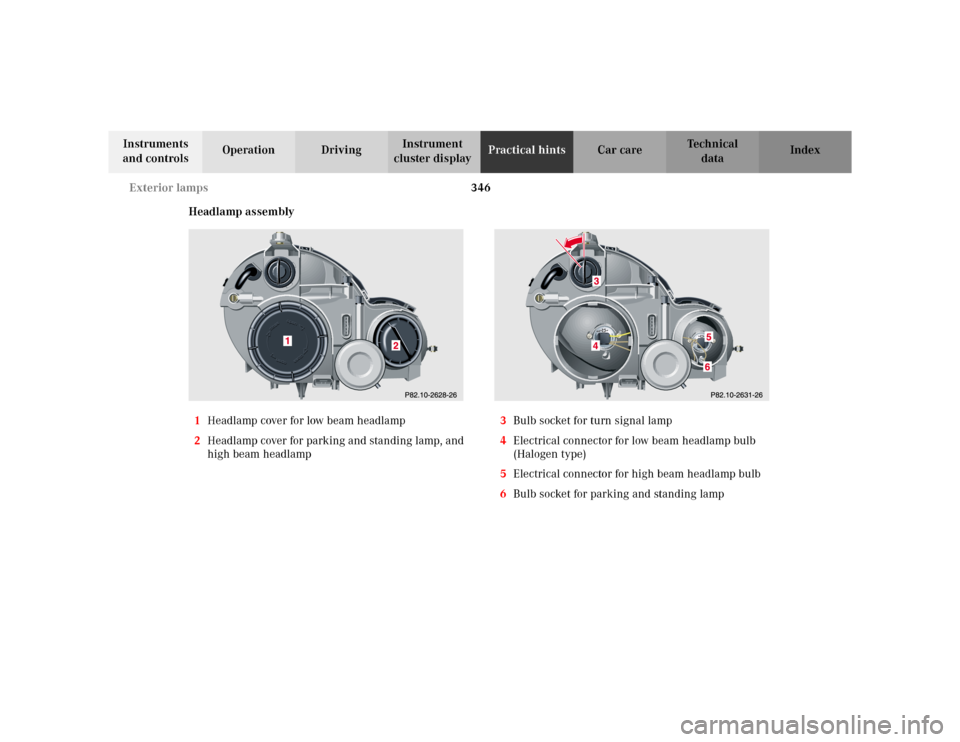 MERCEDES-BENZ C230 KOMPRESSOR COUPE 2002 CL203 Owners Manual 346 Exterior lamps
Te ch n i c a l
data Instruments 
and controlsOperation DrivingInstrument 
cluster displayPractical hintsCar care Index
Headlamp assembly
1Headlamp cover for low beam headlamp
2Head