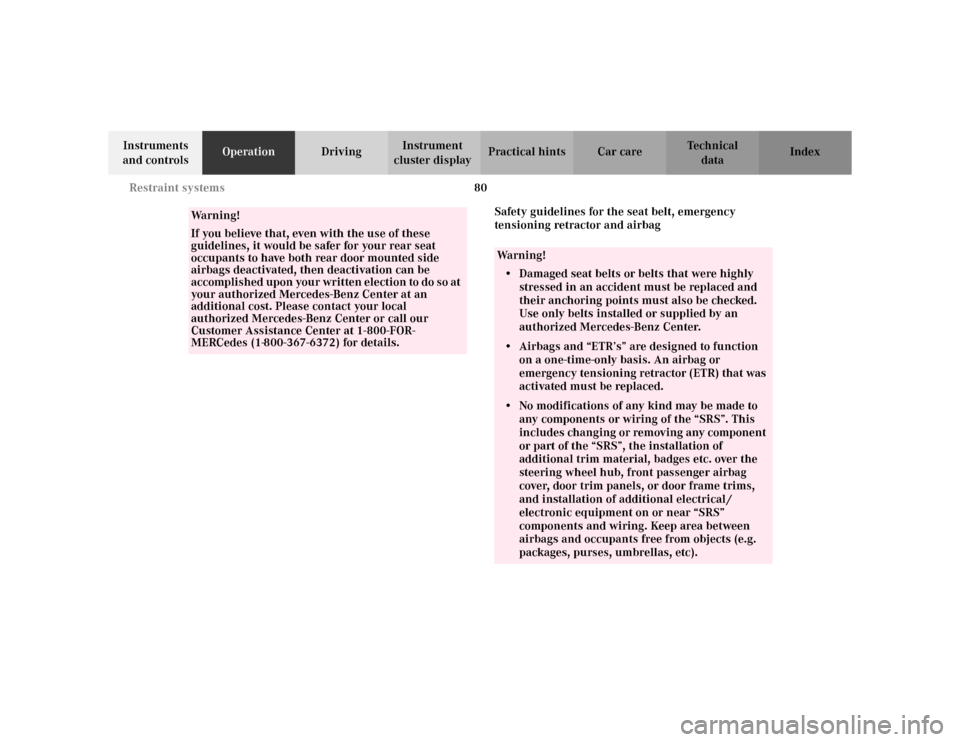 MERCEDES-BENZ C230 KOMPRESSOR COUPE 2002 CL203 Owners Manual 80 Restraint systems
Te ch n i c a l
data Instruments 
and controlsOperationDrivingInstrument 
cluster displayPractical hints Car care Index
Safety guidelines for the seat belt, emergency 
tensioning 