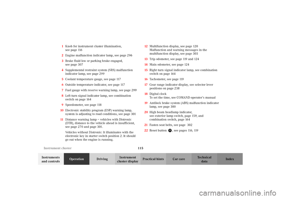 MERCEDES-BENZ CL500 2002 C215 Owners Manual 115 Instrument cluster
Te ch n i c a l
data Instruments 
and controlsOperationDrivingInstrument 
cluster displayPractical hints Car care Index 1Knob for instrument cluster illumination, 
seepage116
2E