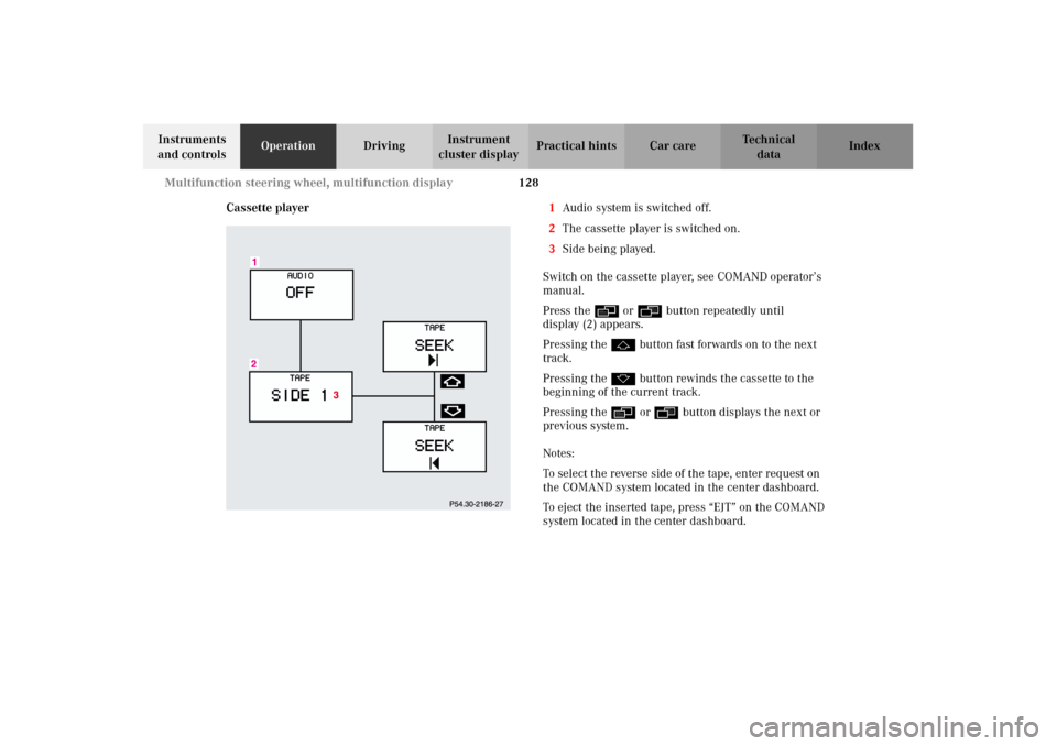 MERCEDES-BENZ CL600 2002 C215 Owners Manual 128 Multifunction steering wheel, multifunction display
Te ch n i c a l
data Instruments 
and controlsOperationDrivingInstrument 
cluster displayPractical hints Car care Index
Cassette player1Audio sy
