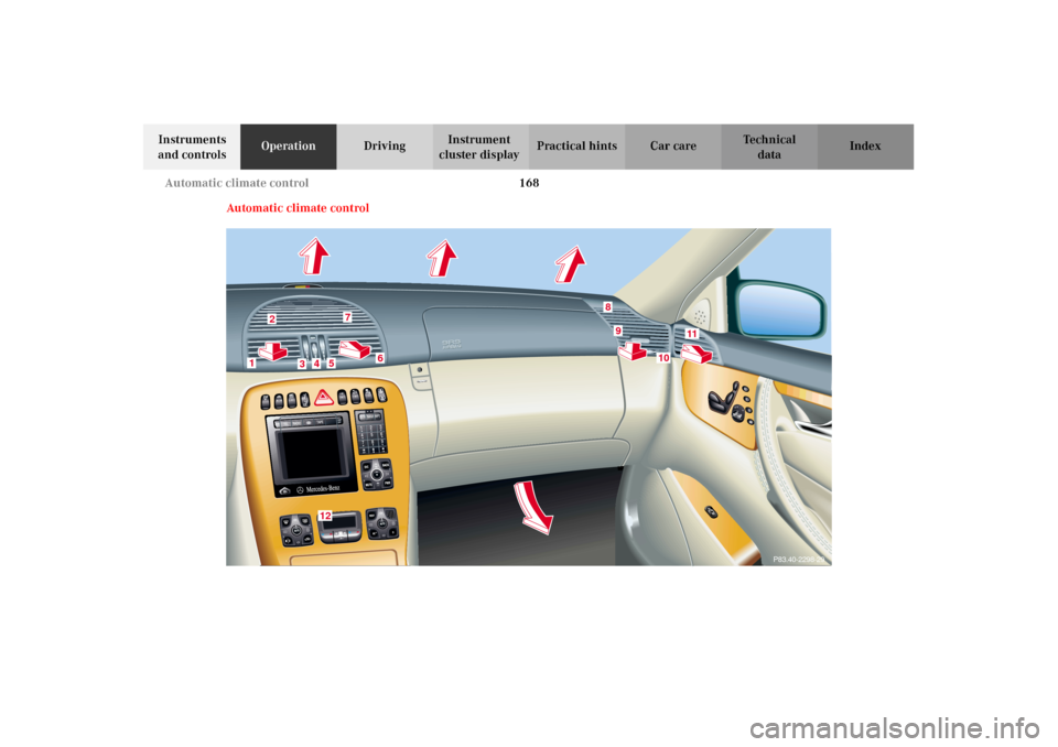 MERCEDES-BENZ CL500 2002 C215 Owners Manual 168 Automatic climate control
Te ch n i c a l
data Instruments 
and controlsOperationDrivingInstrument 
cluster displayPractical hints Car care Index
Automatic climate control
3
P83.40-2298-29
2
1
3
4