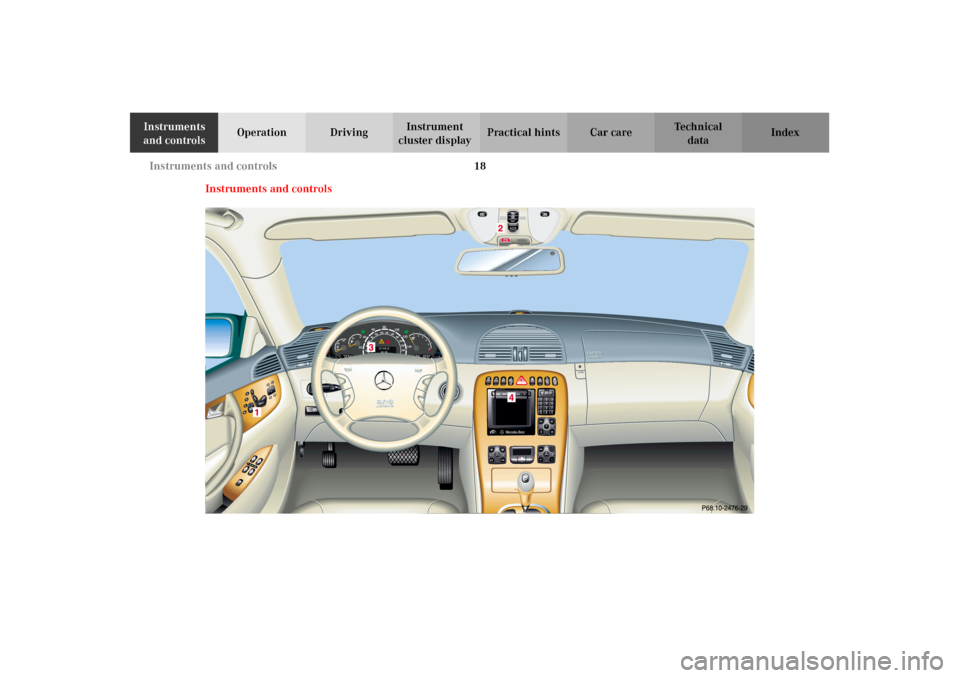 MERCEDES-BENZ CL600 2002 C215 Owners Guide 18 Instruments and controls
Te ch n i c a l
data Instruments 
and controlsOperation DrivingInstrument 
cluster displayPractical hints Car care Index
Instruments and controls
3
J_OM_215.book Seite 18 M