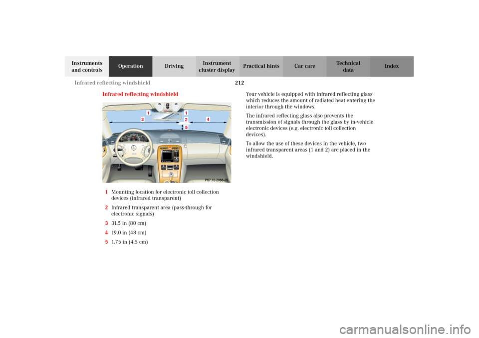 MERCEDES-BENZ CL500 2002 C215 Owners Manual 212 Infrared reflecting windshield
Te ch n i c a l
data Instruments
and controlsOperationDrivingInstrument
cluster displayPractical hints Car care Index
Infrared reflecting windshield
1Mounting loca MERCEDES-BENZ CL500 2002 C215 Owners Manual 212 Infrared reflecting windshield
Te ch n i c a l
data Instruments
and controlsOperationDrivingInstrument
cluster displayPractical hints Car care Index
Infrared reflecting windshield
1Mounting loca