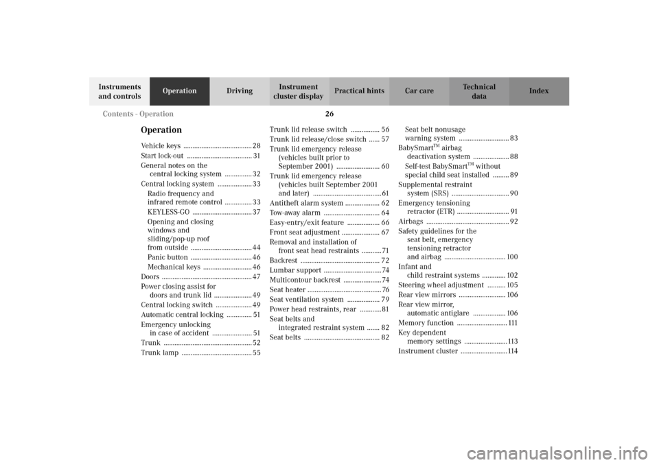 MERCEDES-BENZ CL600 2002 C215 Owners Manual 26 Contents - Operation
Te ch n i c a l
data Instruments 
and controlsOperationDrivingInstrument 
cluster displayPractical hints Car care Index
OperationVehicle keys  .................................