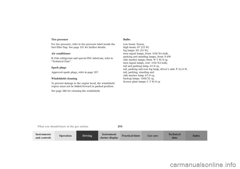 MERCEDES-BENZ CL500 2002 C215 Owners Manual 293 What you should know at the gas station
Te ch n i c a l
data Instruments 
and controlsOperationDrivingInstrument 
cluster displayPractical hints Car care Index Tire pressure
For tire pressure, ref