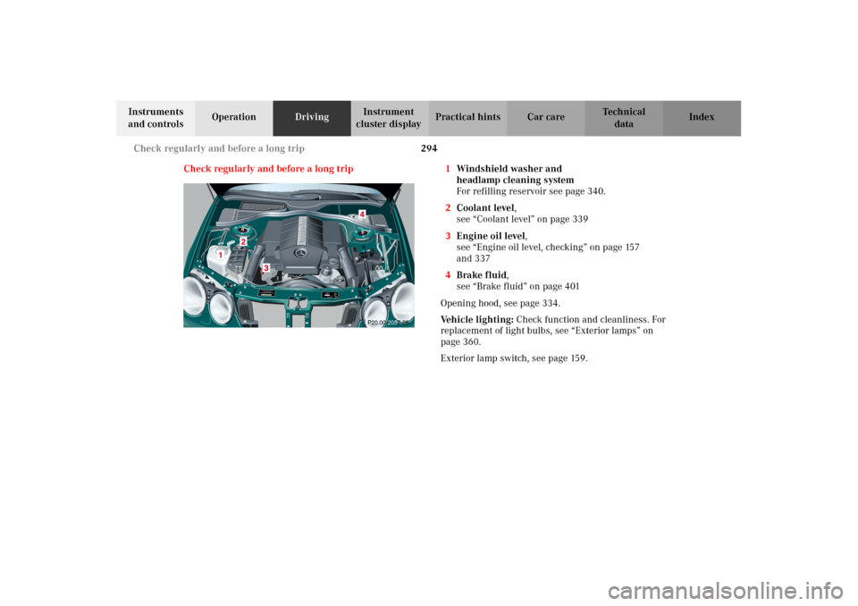 MERCEDES-BENZ CL500 2002 C215 Owners Manual 294 Check regularly and before a long trip
Te ch n i c a l
data Instruments 
and controlsOperationDrivingInstrument 
cluster displayPractical hints Car care Index
Check regularly and before a long tri