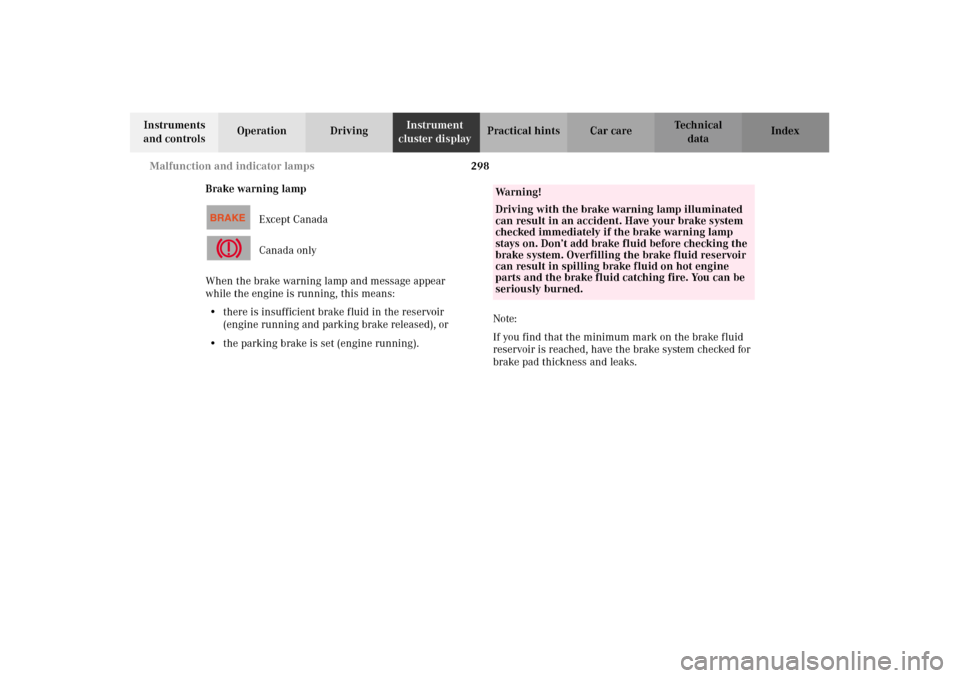 MERCEDES-BENZ CL600 2002 C215 Owners Manual 298 Malfunction and indicator lamps
Te ch n i c a l
data Instruments 
and controlsOperation DrivingInstrument 
cluster displayPractical hints Car care Index
Brake warning lamp
Except Canada
Canada onl