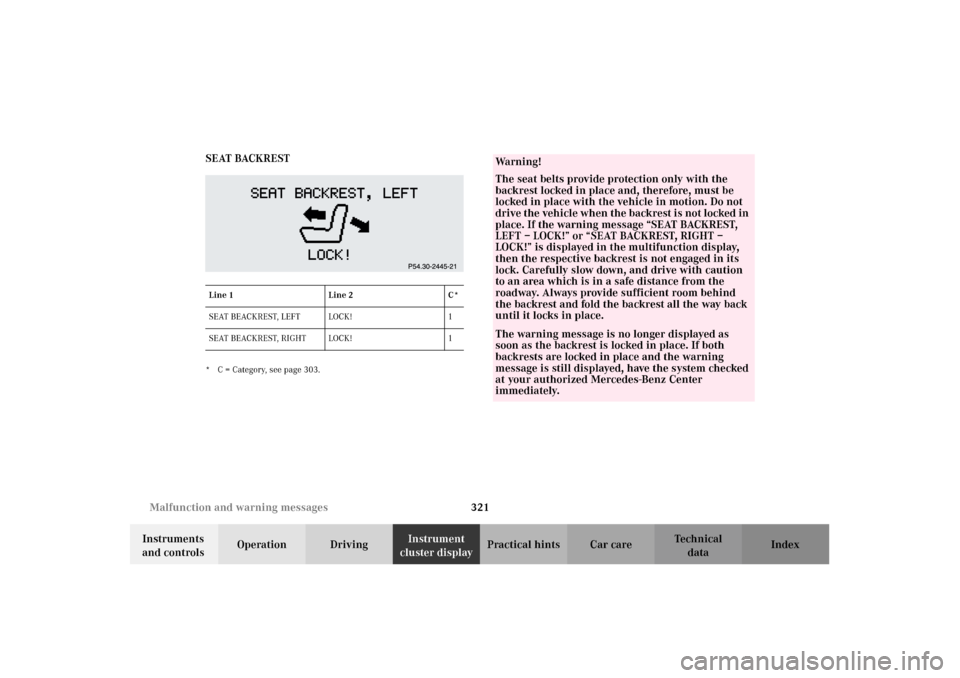 MERCEDES-BENZ CL500 2002 C215 Owners Manual 321 Malfunction and warning messages
Te ch n i c a l
data Instruments 
and controlsOperation DrivingInstrument 
cluster displayPractical hints Car care Index SEAT BACKREST
* C = Category, see page 303