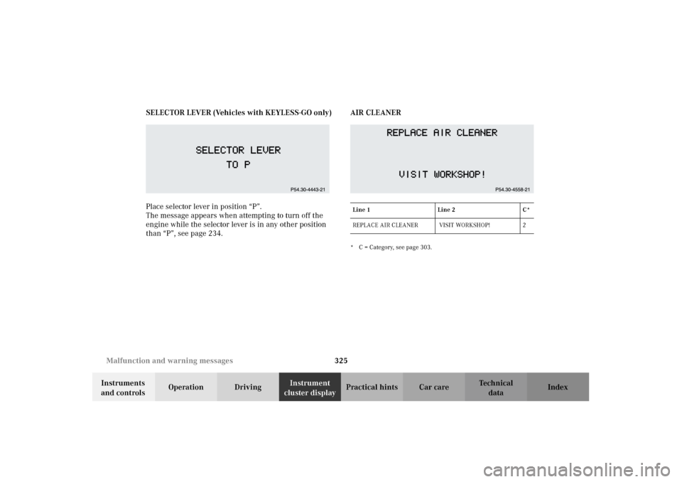 MERCEDES-BENZ CL500 2002 C215 Owners Manual 325 Malfunction and warning messages
Te ch n i c a l
data Instruments 
and controlsOperation DrivingInstrument 
cluster displayPractical hints Car care Index SELECTOR LEVER (Vehicles with KEYLESS-GO o