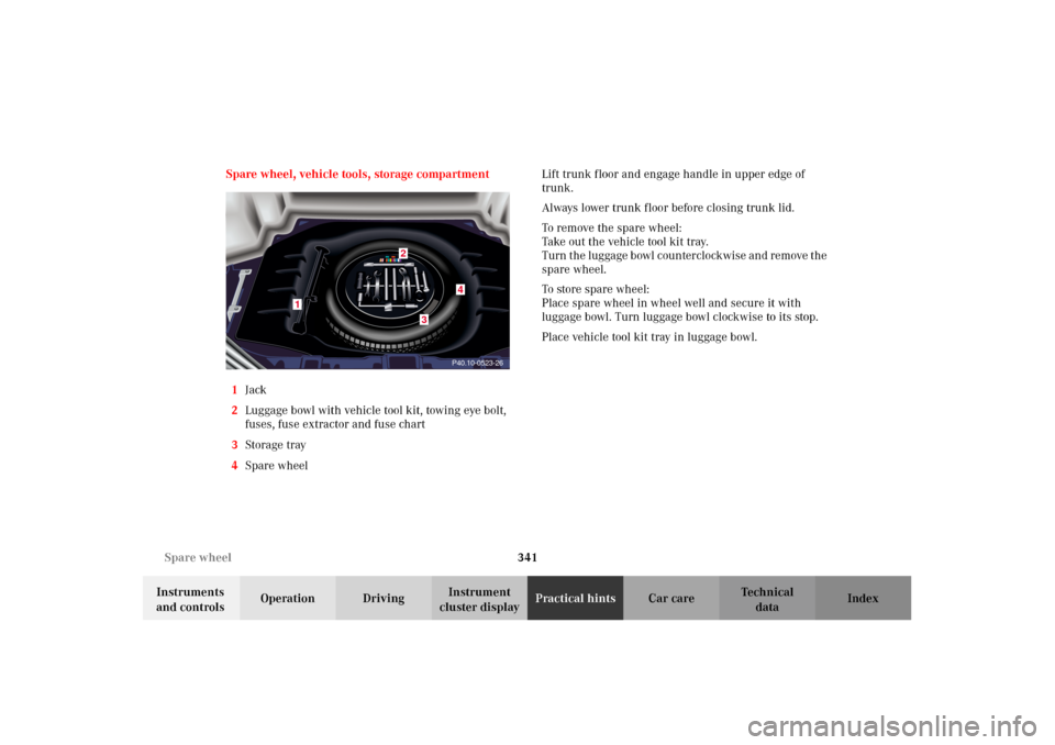 MERCEDES-BENZ CL500 2002 C215 Owners Manual 341 Spare wheel
Te ch n i c a l
data Instruments 
and controlsOperation DrivingInstrument 
cluster displayPractical hintsCar care Index Spare wheel, vehicle tools, storage compartment
1Jack
2Luggage b