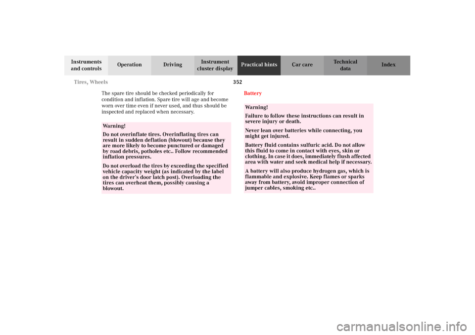 MERCEDES-BENZ CL500 2002 C215 Owners Manual 352 Tires, Wheels
Te ch n i c a l
data Instruments 
and controlsOperation DrivingInstrument 
cluster displayPractical hintsCar care Index
The spare tire should be checked periodically for 
condition a