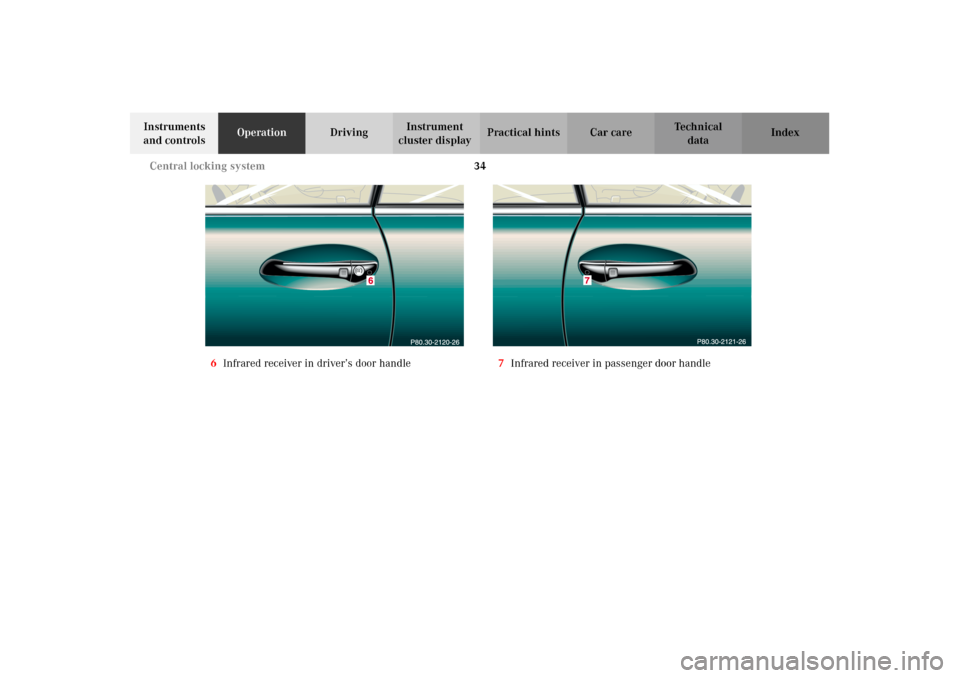 MERCEDES-BENZ CL600 2002 C215 Owners Guide 34 Central locking system
Te ch n i c a l
data Instruments 
and controlsOperationDrivingInstrument 
cluster displayPractical hints Car care Index
6Infrared receiver in driver’s door handle7Infrared 