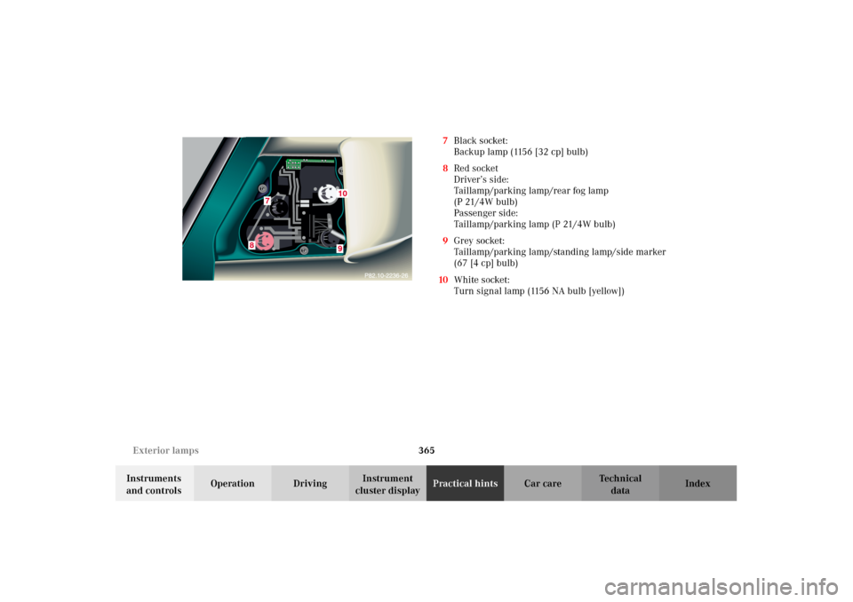 MERCEDES-BENZ CL500 2002 C215 Owners Manual 365 Exterior lamps
Te ch n i c a l
data Instruments 
and controlsOperation DrivingInstrument 
cluster displayPractical hintsCar care Index 7Black socket:
Backup lamp (1156 [32 cp] bulb)
8Red socket
Dr