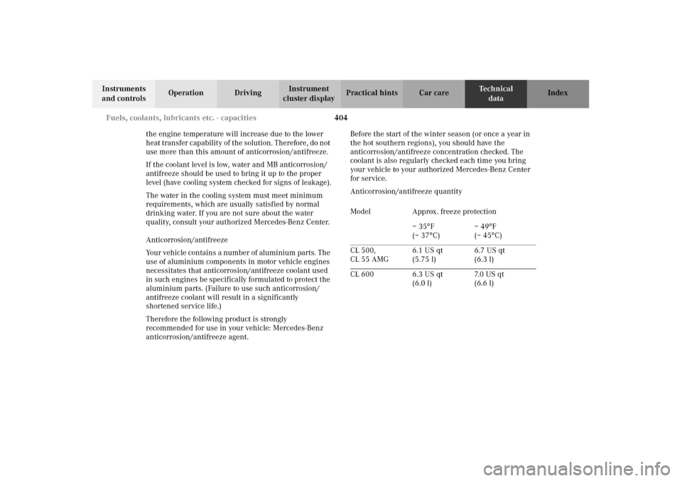 MERCEDES-BENZ CL600 2002 C215 Owners Manual 404 Fuels, coolants, lubricants etc. - capacities
Te ch n i c a l
data Instruments 
and controlsOperation DrivingInstrument 
cluster displayPractical hints Car care Index
the engine temperature will i