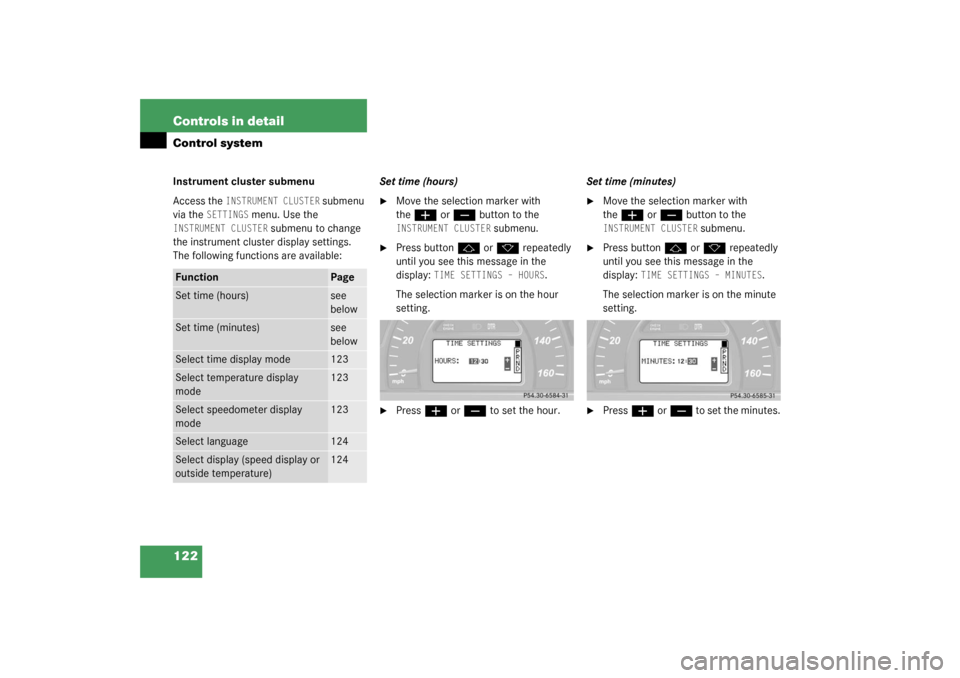 MERCEDES-BENZ C32AMG 2003 W203 Owners Manual 122 Controls in detailControl systemInstrument cluster submenu
Access the 
INSTRUMENT CLUSTER
 submenu 
via the 
SETTINGS
 menu. Use the 
INSTRUMENT CLUSTER
 submenu to change 
the instrument cluster 