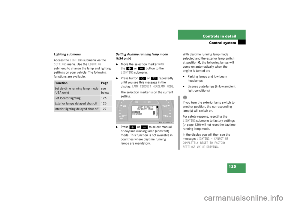MERCEDES-BENZ C240 2003 W203 Owners Manual 125 Controls in detail
Control system
Lighting submenu
Access the 
LIGHTING
 submenu via the 
SETTINGS
 menu. Use the 
LIGHTING 
submenu to change the lamp and lighting 
settings on your vehicle. The 