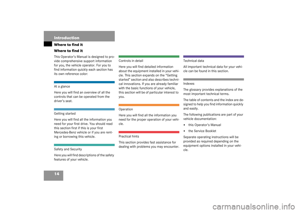 MERCEDES-BENZ C240 2003 W203 Owners Manual 14 IntroductionWhere to find it
Where to find itThis Operator’s Manual is designed to pro-
vide comprehensive support information 
for you, the vehicle operator. For you to 
find information quickly