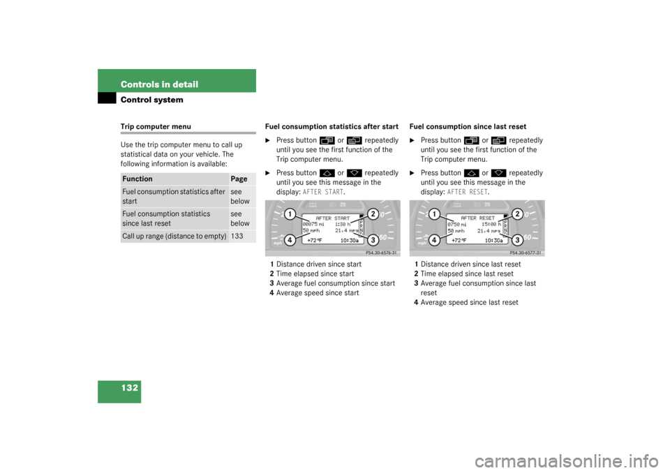 MERCEDES-BENZ C320 4MATIC 2003 W203 Owners Manual 132 Controls in detailControl systemTrip computer menu
Use the trip computer menu to call up 
statistical data on your vehicle. The 
following information is available:Fuel consumption statistics afte