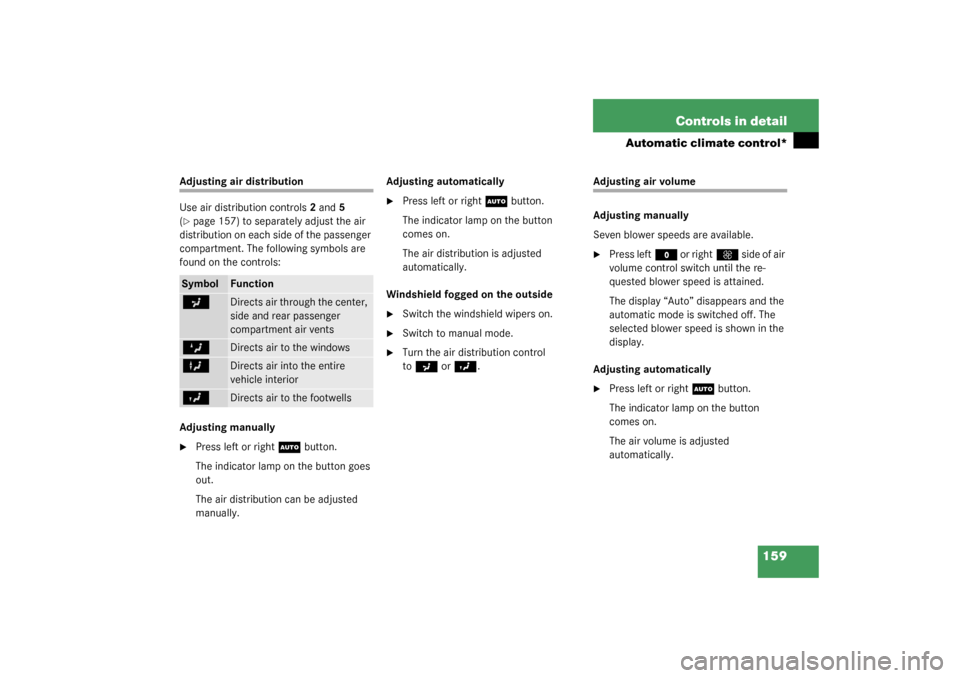 MERCEDES-BENZ C32AMG 2003 W203 Owners Manual 159 Controls in detail
Automatic climate control*
Adjusting air distribution
Use air distribution controls2 and5 
(page 157) to separately adjust the air 
distribution on each side of the passenger 
