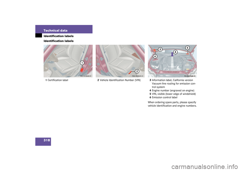 MERCEDES-BENZ C320 2003 W203 Owners Manual 318 Technical dataIdentification labels
Identification labels1Certification label2Vehicle Identification Number (VIN)3Information label, California version 
Vacuum line routing for emission con-
trol 