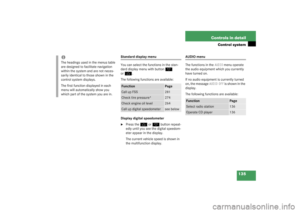 MERCEDES-BENZ S430 4MATIC 2003 W220 Owners Manual 135 Controls in detail
Control system
Standard display menu
You can select the functions in the stan-
dard display menu with button
k
 
or
j
.
The following functions are available:
Display digital sp