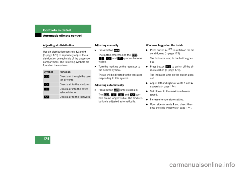 MERCEDES-BENZ S500 4MATIC 2003 W220 Owners Manual 178 Controls in detailAutomatic climate controlAdjusting air distribution
Use air distribution controls12 and6 
(page 175) to separately adjust the air 
distribution on each side of the passenger 
co