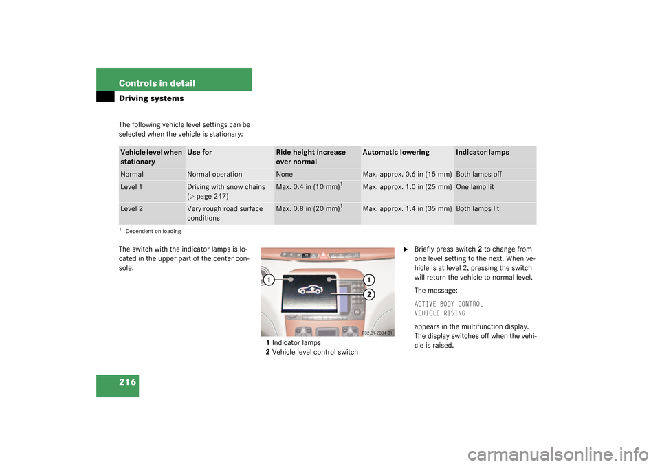 MERCEDES-BENZ S500 4MATIC 2003 W220 Owners Manual 216 Controls in detailDriving systemsThe following vehicle level settings can be 
selected when the vehicle is stationary:
The switch with the indicator lamps is lo-
cated in the upper part of the cen
