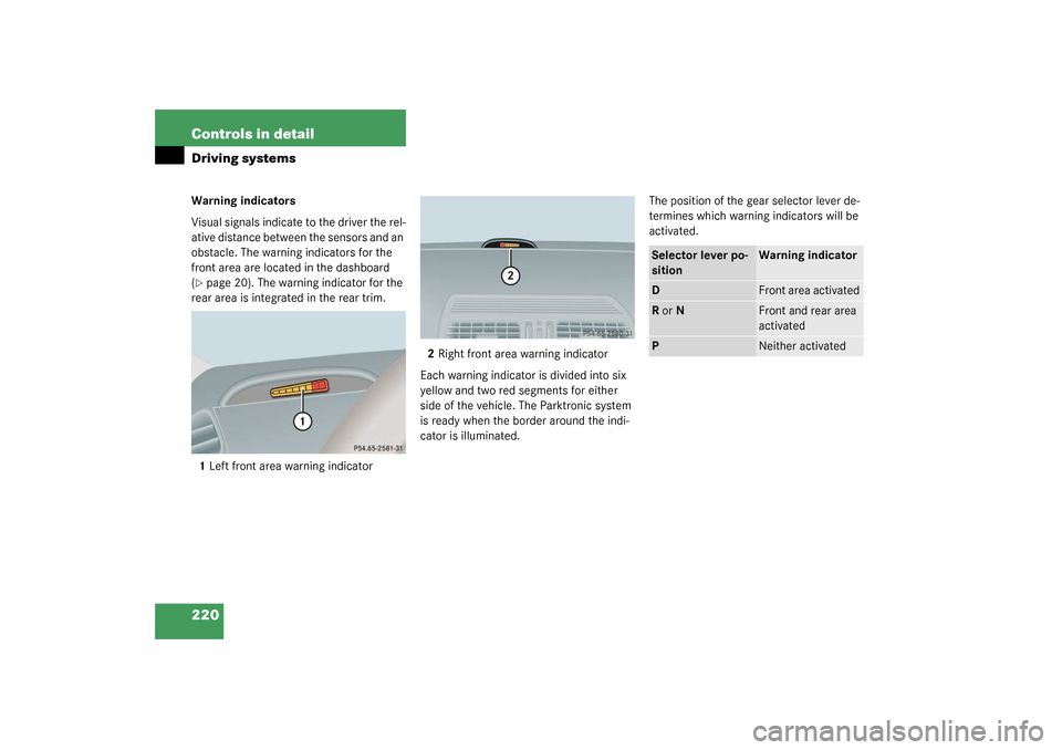 MERCEDES-BENZ S430 4MATIC 2003 W220 Owners Manual 220 Controls in detailDriving systemsWarning indicators
Visual signals indicate to the driver the rel-
ative distance between the sensors and an 
obstacle. The warning indicators for the 
front area a