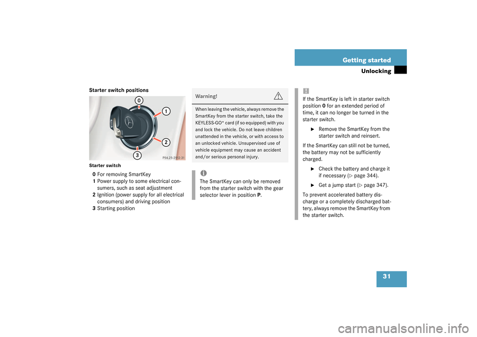 MERCEDES-BENZ S430 4MATIC 2003 W220 Owners Manual 31 Getting started
Unlocking
Starter switch positionsStarter switch0For removing SmartKey
1Power supply to some electrical con-
sumers, such as seat adjustment
2Ignition (power supply for all electric