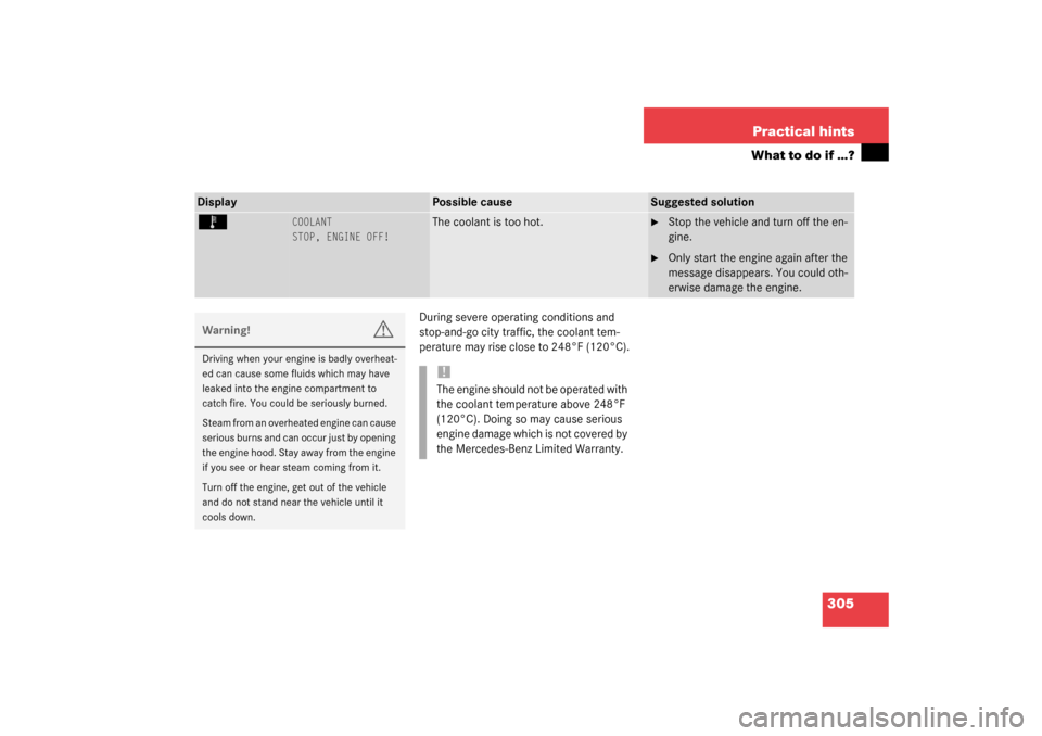 MERCEDES-BENZ S55AMG 2003 W220 Owners Manual 305 Practical hints
What to do if …?
During severe operating conditions and 
stop-and-go city traffic, the coolant tem-
perature may rise close to 248°F (120°C).
Display
Possible cause
Suggested s