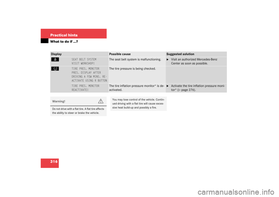 MERCEDES-BENZ S430 4MATIC 2003 W220 User Guide 316 Practical hintsWhat to do if …?<
SEAT BELT SYSTEM
VISIT WORKSHOP!
The seat belt system is malfunctioning.

Visit an authorized Mercedes-Benz 
Center as soon as possible.
H
TIRE PRES. MONITOR
 
