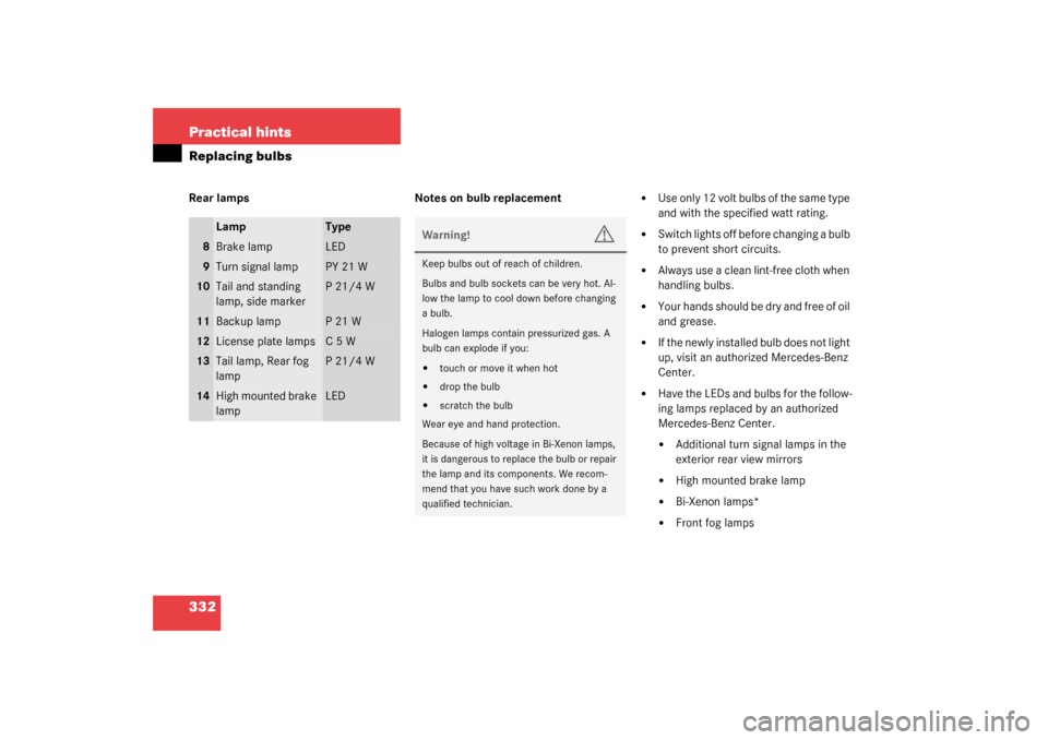 MERCEDES-BENZ S500 4MATIC 2003 W220 Owners Manual 332 Practical hintsReplacing bulbsRear lamps Notes on bulb replacement

Use only 12 volt bulbs of the same type 
and with the specified watt rating. 

Switch lights off before changing a bulb 
to pr