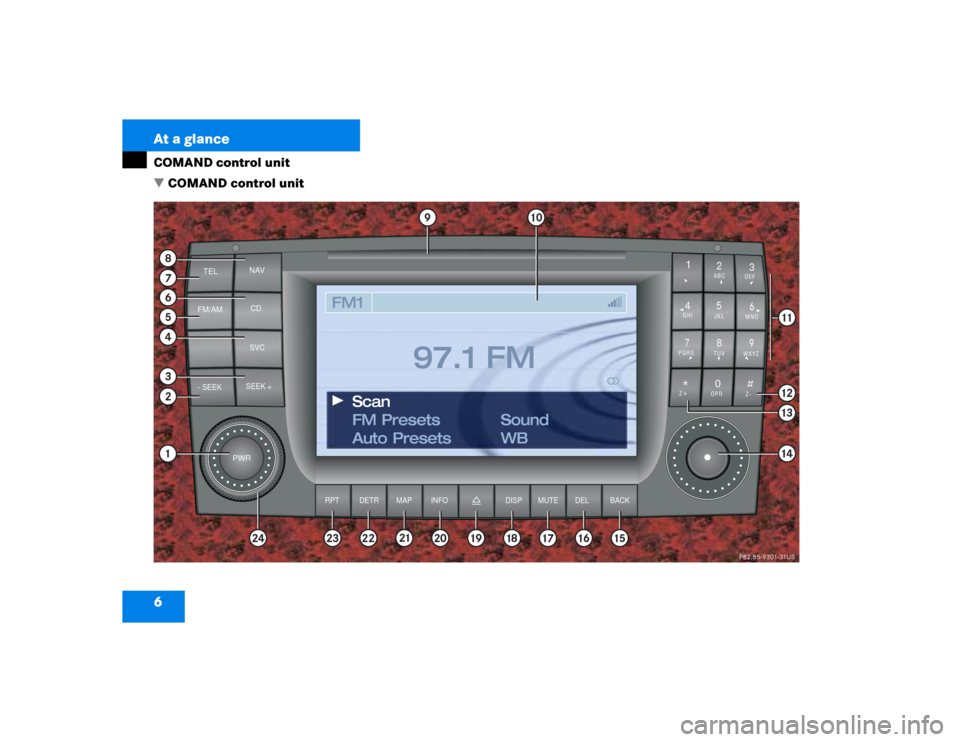 MERCEDES-BENZ S-Class 2003 W220 Comand Manual 6 At a glanceCOMAND control unit
 COMAND control unit
ON
FM1
FM Presets
Auto PresetsSound
WB Scan
RADIO 1
TELNAV
CD
DEL BACK MAP
FM/AM
SVC
MNO
ABCJKL GHI
DEF
2
1
3
5
4
6
TUV PQRS
WXYZ8
7
9
0
9
10
121