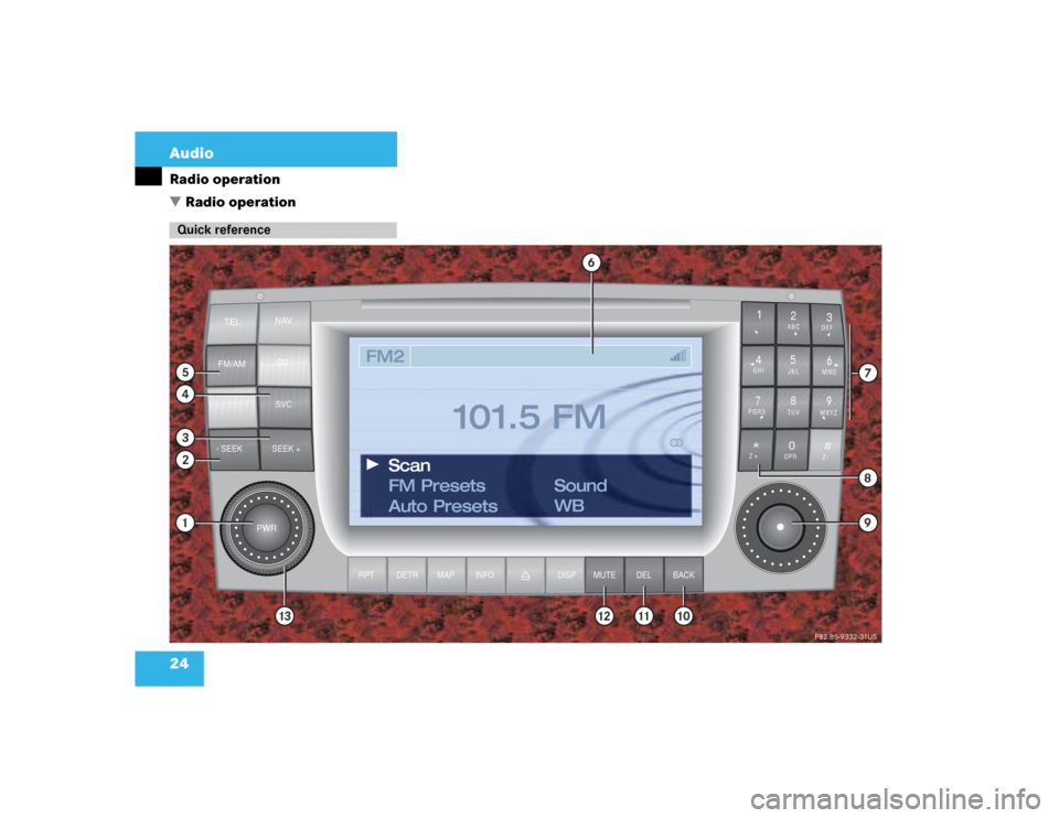 MERCEDES-BENZ S-Class 2003 W220 Comand Manual 24 AudioRadio operation
 Radio operationQuick reference
FM2
FM Presets
Auto PresetsSound
WB Scan
101.5 FM
PWR
TELNAV
CD
FM/AM
SVC
MNO
ABCJKL GHI
DEF
2
1
3
5
4
6
TUV PQRS
WXYZ8
7
9
0
6
8
13 12 11 10
1