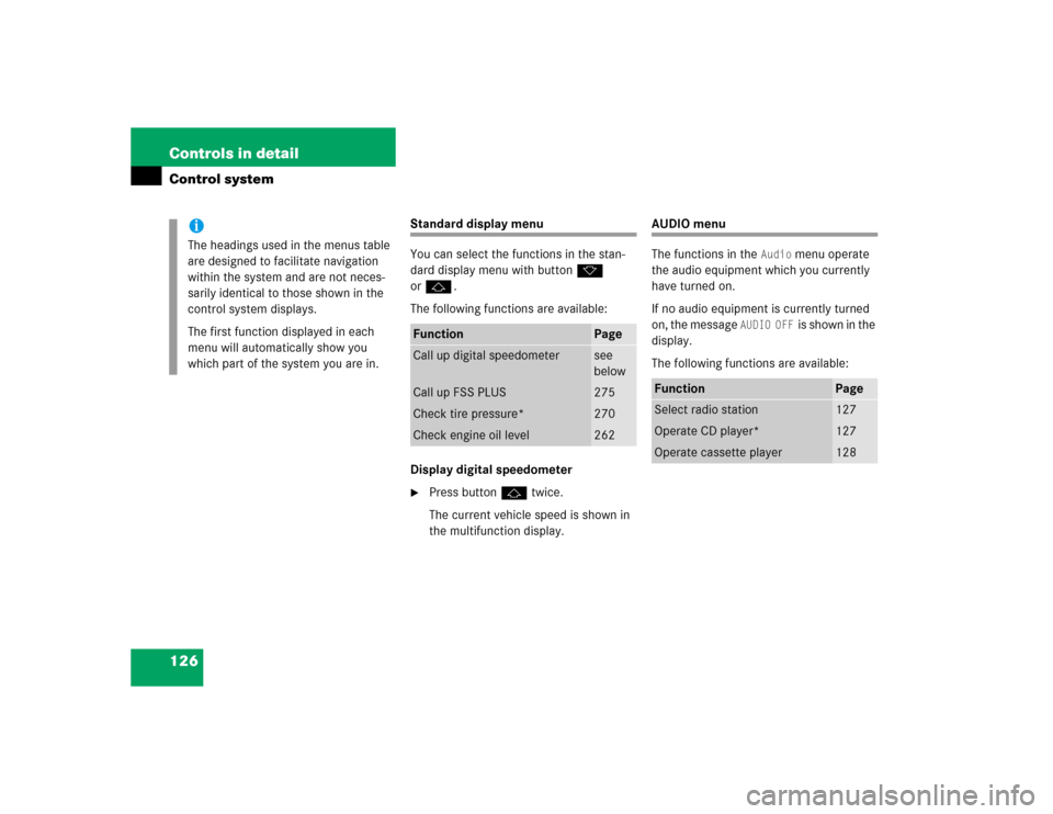 MERCEDES-BENZ E320 2003 W211 Service Manual 126 Controls in detailControl system
Standard display menu
You can select the functions in the stan-
dard display menu with buttonk 
orj.
The following functions are available:
Display digital speedom