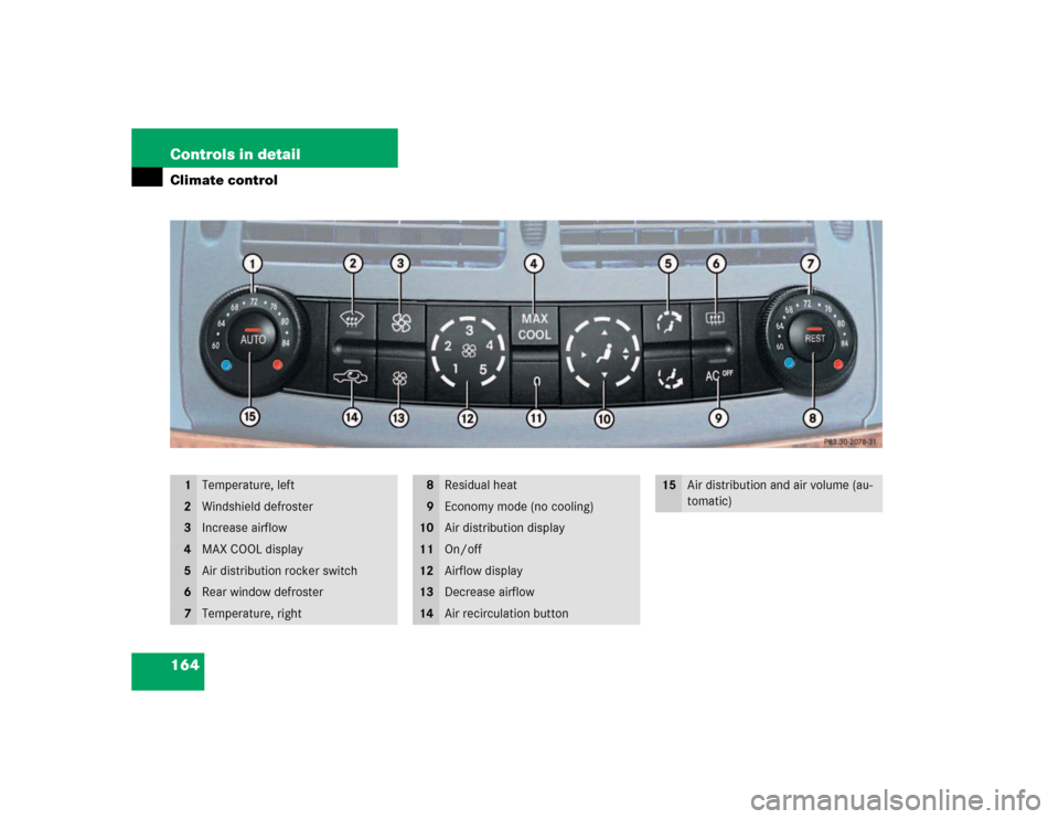 MERCEDES-BENZ E500 2003 W211 Owners Manual 164 Controls in detailClimate control
1
Temperature, left
2
Windshield defroster
3
Increase airflow
4
MAX COOL display
5
Air distribution rocker switch
6
Rear window defroster
7
Temperature, right
8
R