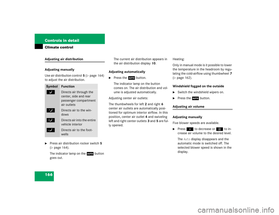 MERCEDES-BENZ E320 2003 W211 Owners Manual 166 Controls in detailClimate controlAdjusting air distribution
Adjusting manually
Use air distribution control5 (
page 164) 
to adjust the air distribution. 

Press air distribution rocker switch5 