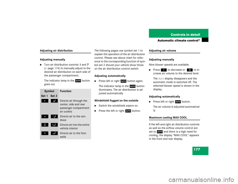 MERCEDES-BENZ E320 2003 W211 Owners Manual 177 Controls in detail
Automatic climate control*
Adjusting air distribution
Adjusting manually
Turn air distribution controls1 and7 
(page 174) to manually adjust to the 
desired air distribution o