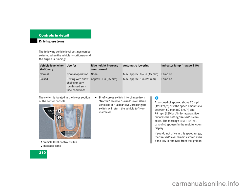 MERCEDES-BENZ E500 2003 W211 Owners Manual 210 Controls in detailDriving systemsThe following vehicle level settings can be 
selected when the vehicle is stationary and 
the engine is running:
The switch is located in the lower section 
of the