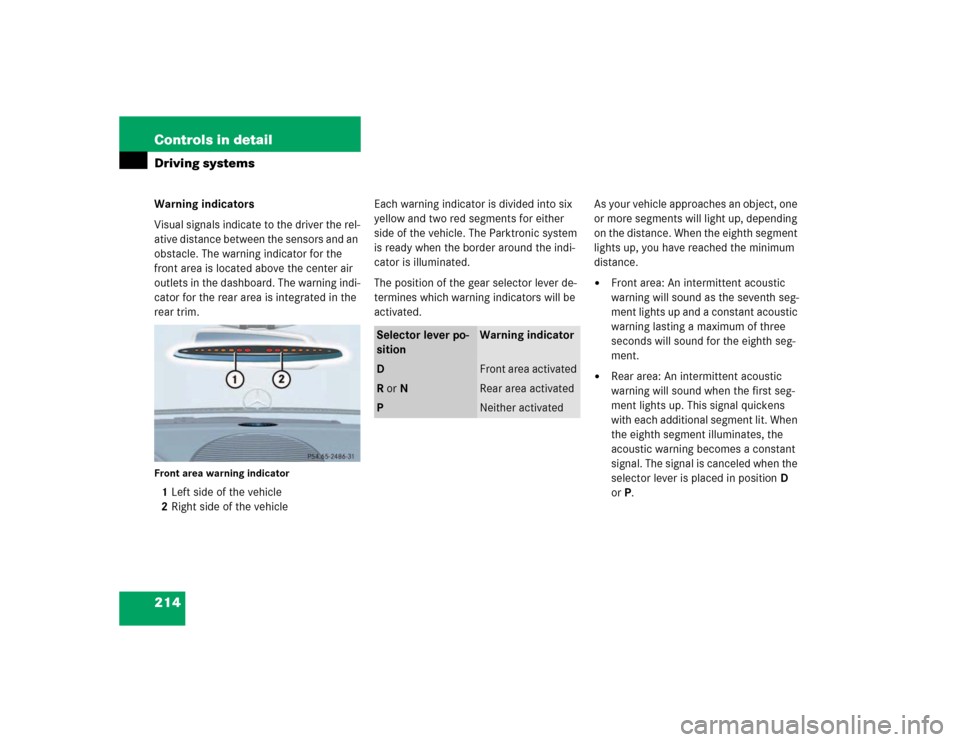 MERCEDES-BENZ E500 2003 W211 Owners Manual 214 Controls in detailDriving systemsWarning indicators
Visual signals indicate to the driver the rel-
ative distance between the sensors and an 
obstacle. The warning indicator for the 
front area is