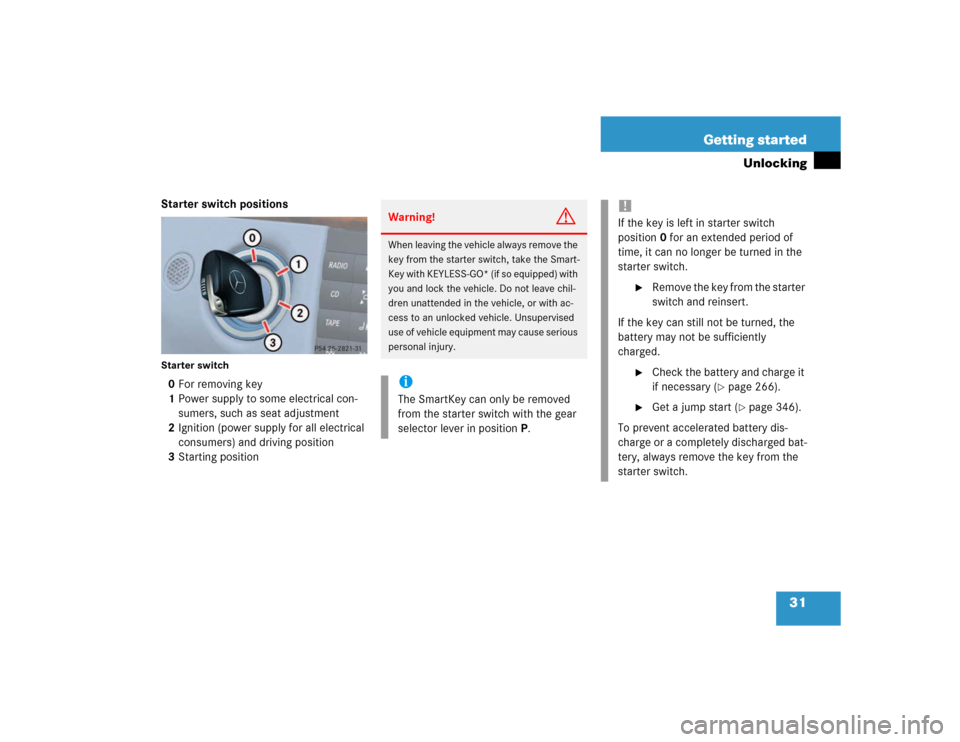 MERCEDES-BENZ E320 2003 W211 Owners Manual 31 Getting started
Unlocking
Starter switch positionsStarter switch0For removing key
1Power supply to some electrical con-
sumers, such as seat adjustment
2Ignition (power supply for all electrical 
c