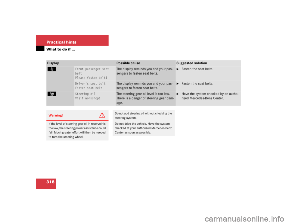 MERCEDES-BENZ E320 2003 W211 User Guide 318 Practical hintsWhat to do if …Display
Possible cause
Suggested solution
<
Front passenger seat 
belt
Please fasten belt!
The display reminds you and your pas-
sengers to fasten seat belts.

Fas