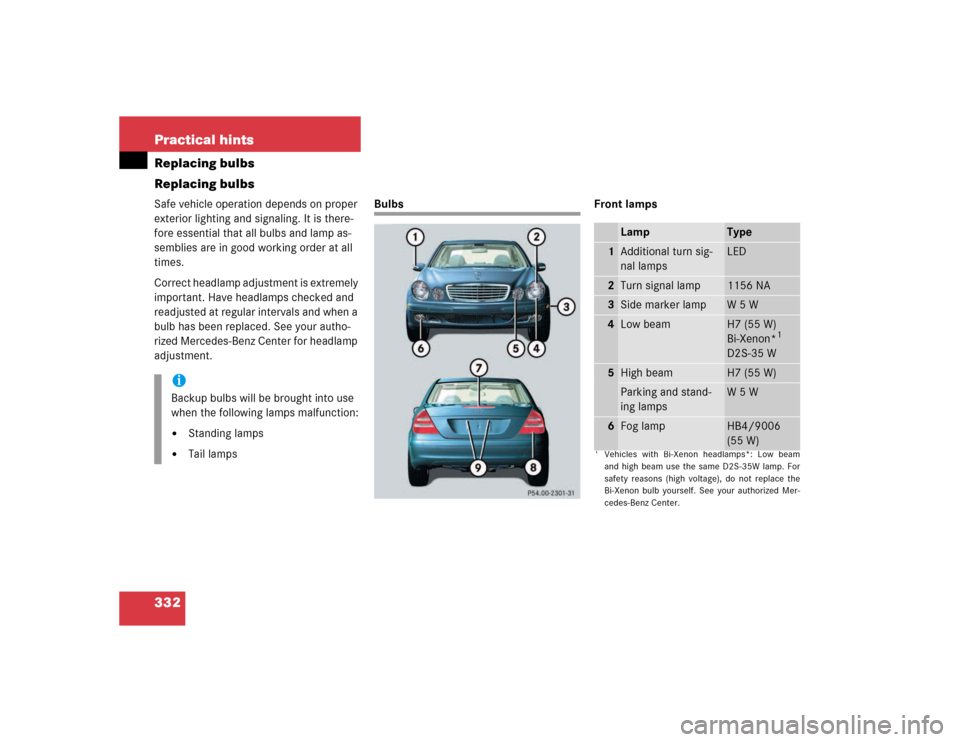 MERCEDES-BENZ E320 2003 W211 Owners Manual 332 Practical hintsReplacing bulbs
Replacing bulbsSafe vehicle operation depends on proper 
exterior lighting and signaling. It is there-
fore essential that all bulbs and lamp as-
semblies are in goo