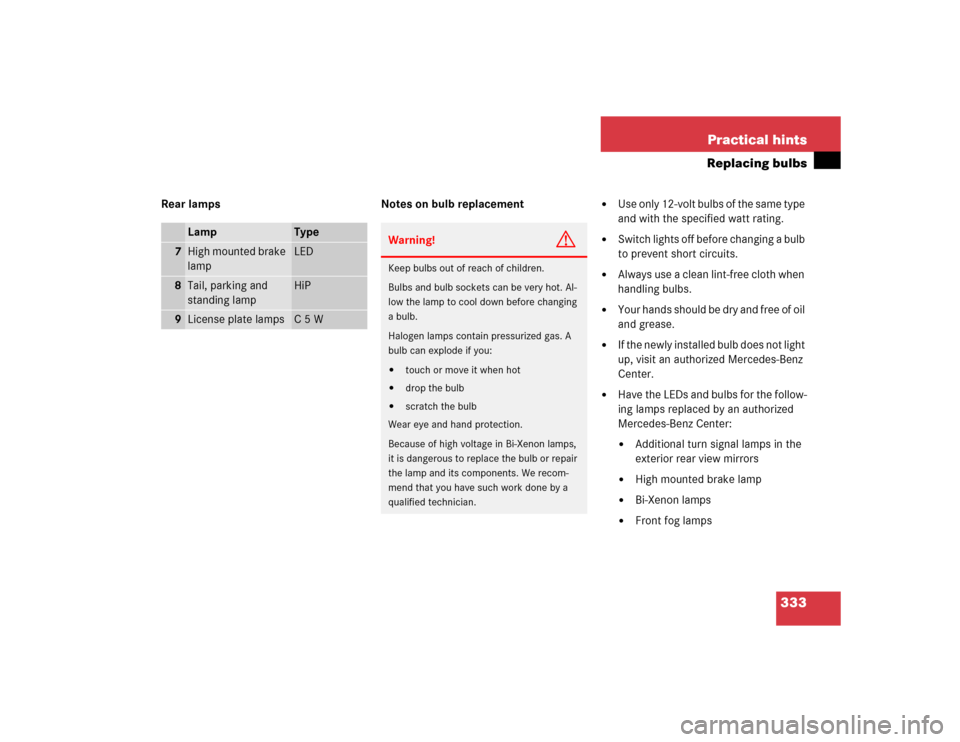 MERCEDES-BENZ E320 2003 W211 Owners Manual 333 Practical hints
Replacing bulbs
Rear lamps Notes on bulb replacement

Use only 12-volt bulbs of the same type 
and with the specified watt rating. 

Switch lights off before changing a bulb 
to 