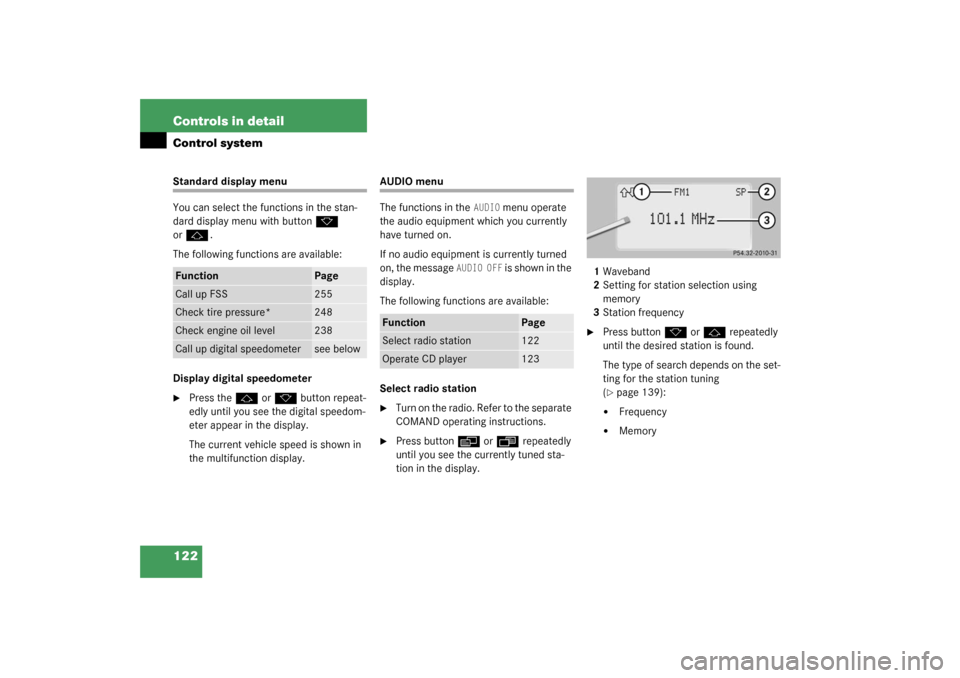 MERCEDES-BENZ CL600 2003 C215 Owners Manual 122 Controls in detailControl systemStandard display menu
You can select the functions in the stan-
dard display menu with button
k
 
or
j
.
The following functions are available:
Display digital spee